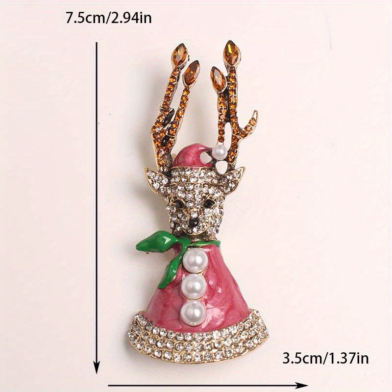 Vintage Christmas Elk Brooch Pink Pearl Rhinestones Retro Cartoon Deer Pin Jewelry for Women