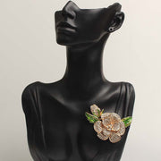 Vintage Rhinestone Flower Lapel Pin with Green Dripping Oil Leaf Enamel Brooch for Women