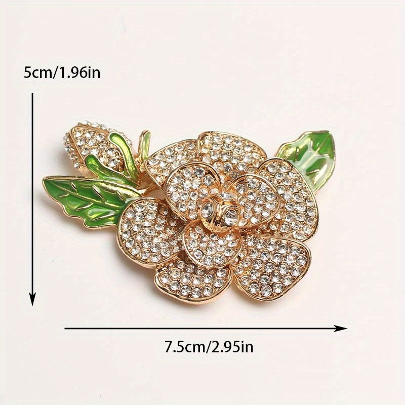 Vintage Rhinestone Flower Lapel Pin with Green Dripping Oil Leaf Enamel Brooch for Women