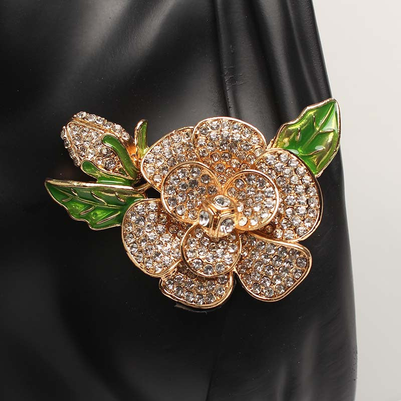 Vintage Rhinestone Flower Lapel Pin with Green Dripping Oil Leaf Enamel Brooch for Women