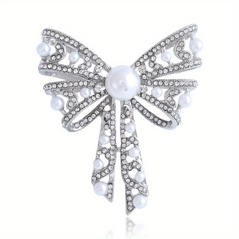 Hollowed-Out Pearl Rhinestone Bow Brooch Pin for Sweaters and Suits