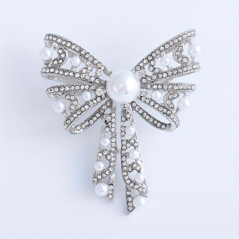Hollowed-Out Pearl Rhinestone Bow Brooch Pin for Sweaters and Suits
