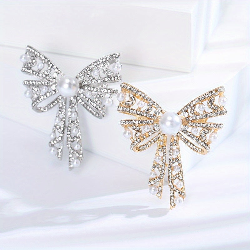 Hollowed-Out Pearl Rhinestone Bow Brooch Pin for Sweaters and Suits