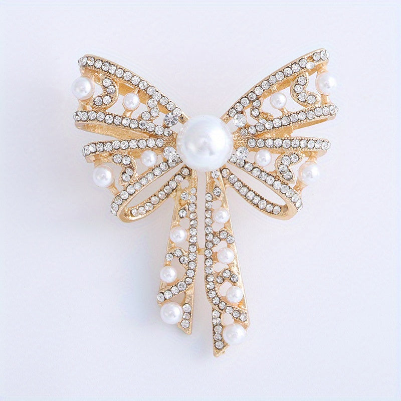Hollowed-Out Pearl Rhinestone Bow Brooch Pin for Sweaters and Suits
