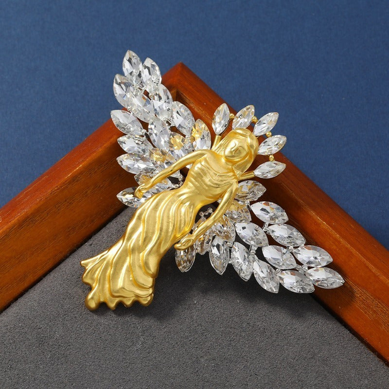 Women's Fashion Brooch Pin Matte Gold Wing Rhinestones Jewelry