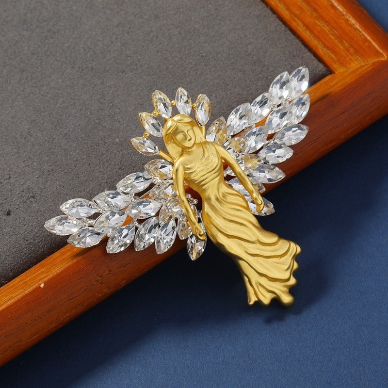 Women's Fashion Brooch Pin Matte Gold Wing Rhinestones Jewelry
