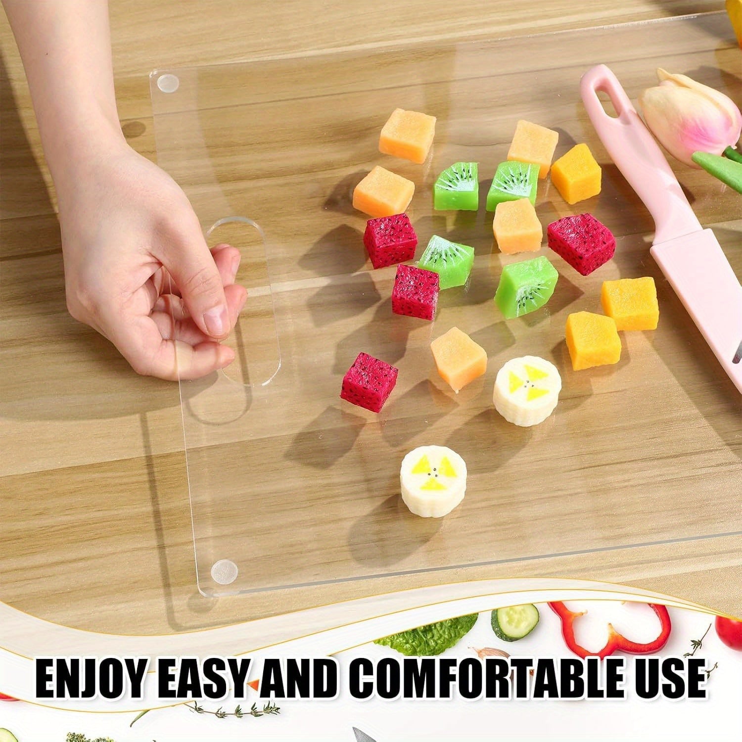 Set of 3 Transparent Acrylic Cutting Boards with Handles and Non-Slip Silicone Feet