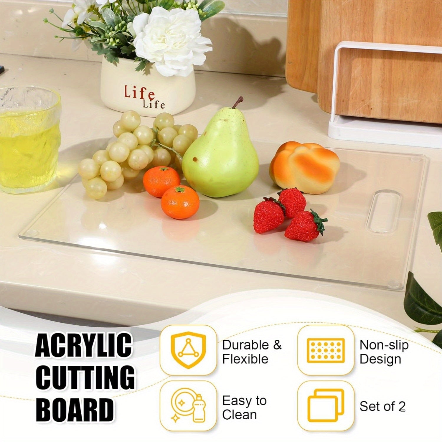 Set of 3 Transparent Acrylic Cutting Boards with Handles and Non-Slip Silicone Feet