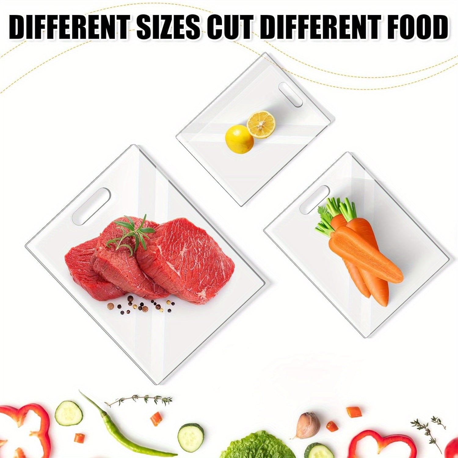 Set of 3 Transparent Acrylic Cutting Boards with Handles and Non-Slip Silicone Feet