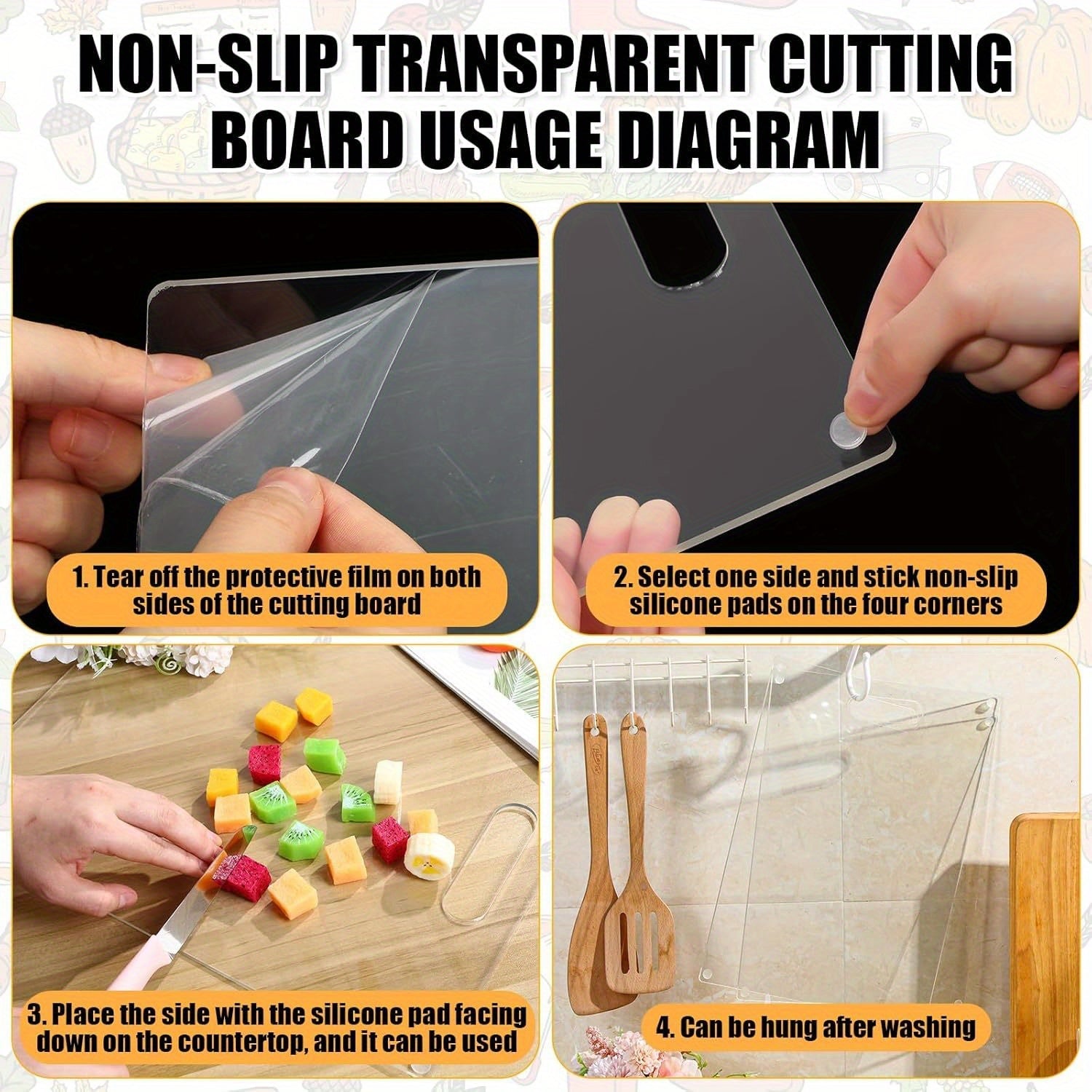 Set of 3 Transparent Acrylic Cutting Boards with Handles and Non-Slip Silicone Feet