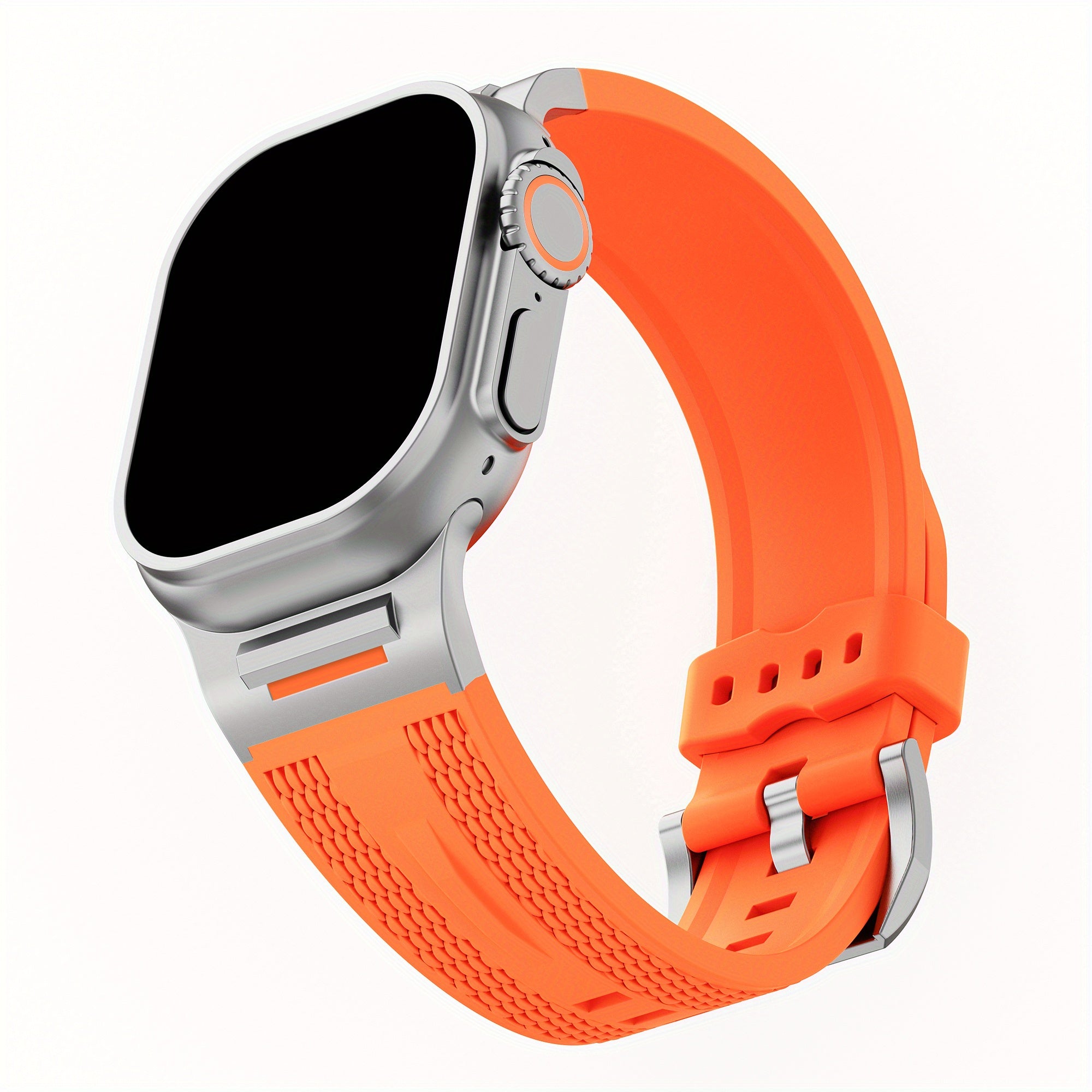 Apple Watch uchun zanglamas po'latdan adapterga ega sport silikondan yasalgan tasma, turli modellarga va o'lchamlarga mos keladi.