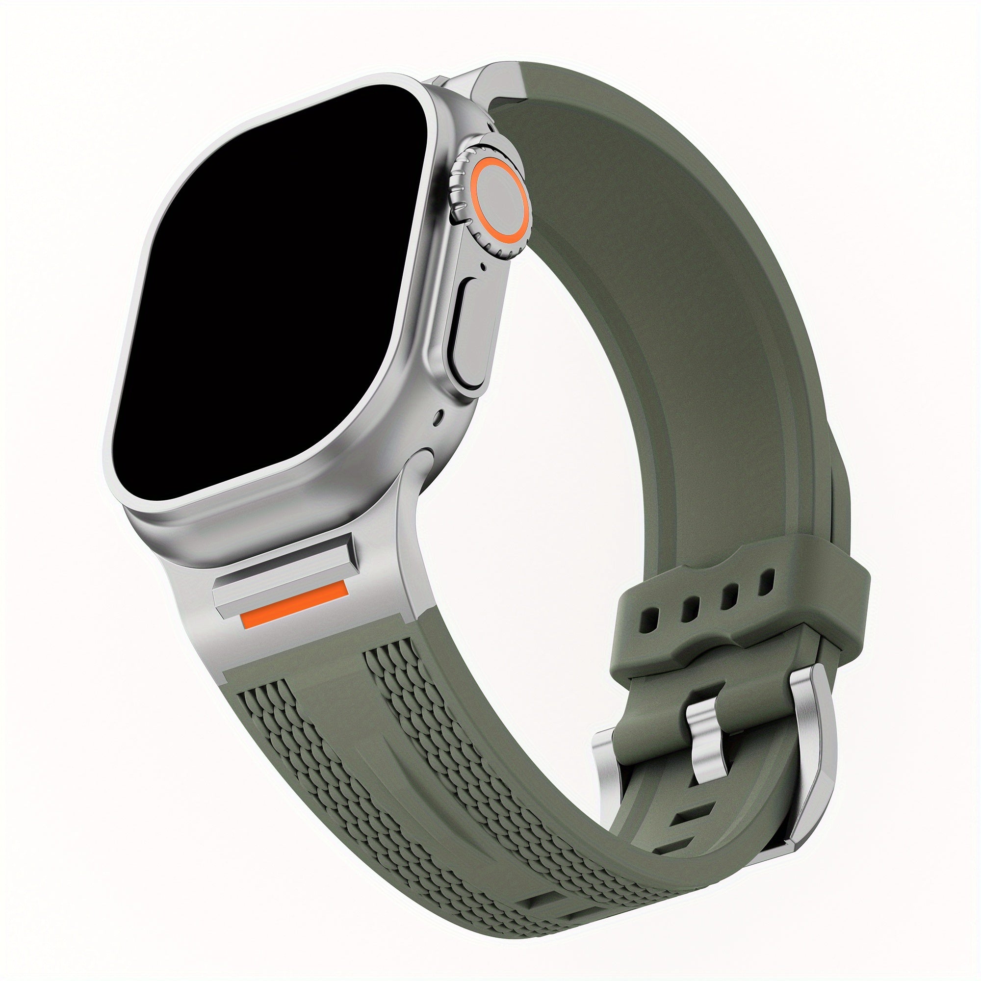 Apple Watch uchun zanglamas po'latdan adapterga ega sport silikondan yasalgan tasma, turli modellarga va o'lchamlarga mos keladi.