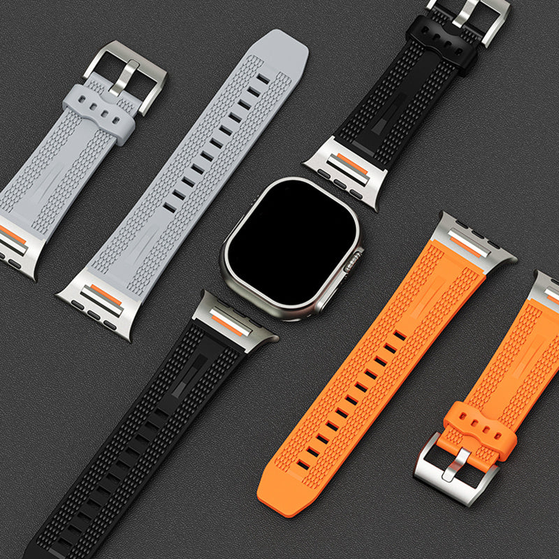 Apple Watch uchun zanglamas po'latdan adapterga ega sport silikondan yasalgan tasma, turli modellarga va o'lchamlarga mos keladi.