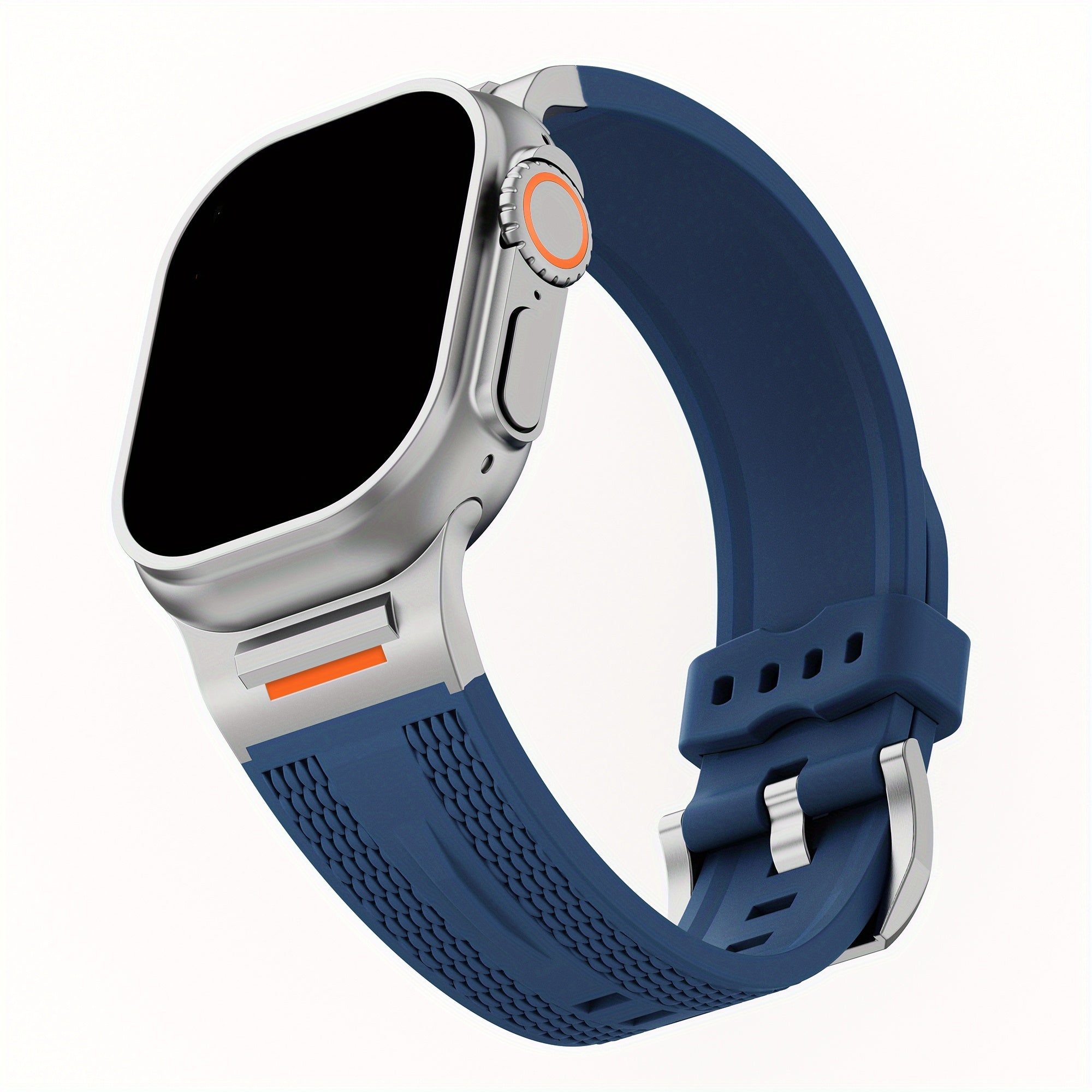 Apple Watch uchun zanglamas po'latdan adapterga ega sport silikondan yasalgan tasma, turli modellarga va o'lchamlarga mos keladi.