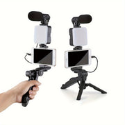 Portable Live Streaming Tripod Kit with Square Light Microphone and External Camera Compatibility
