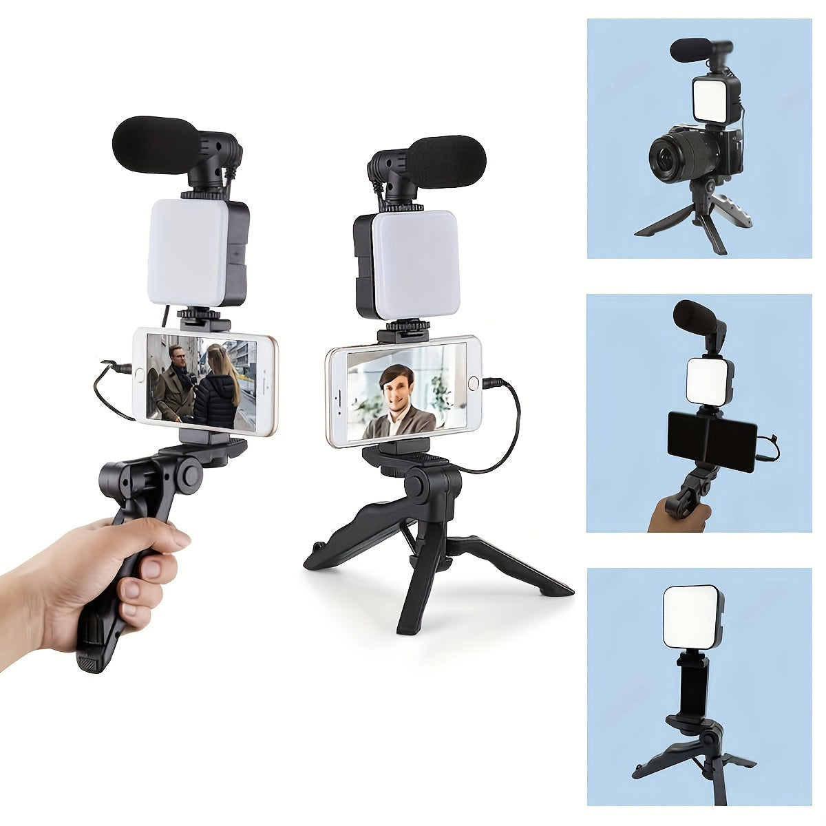 Portable Live Streaming Tripod Kit with Square Light Microphone and External Camera Compatibility