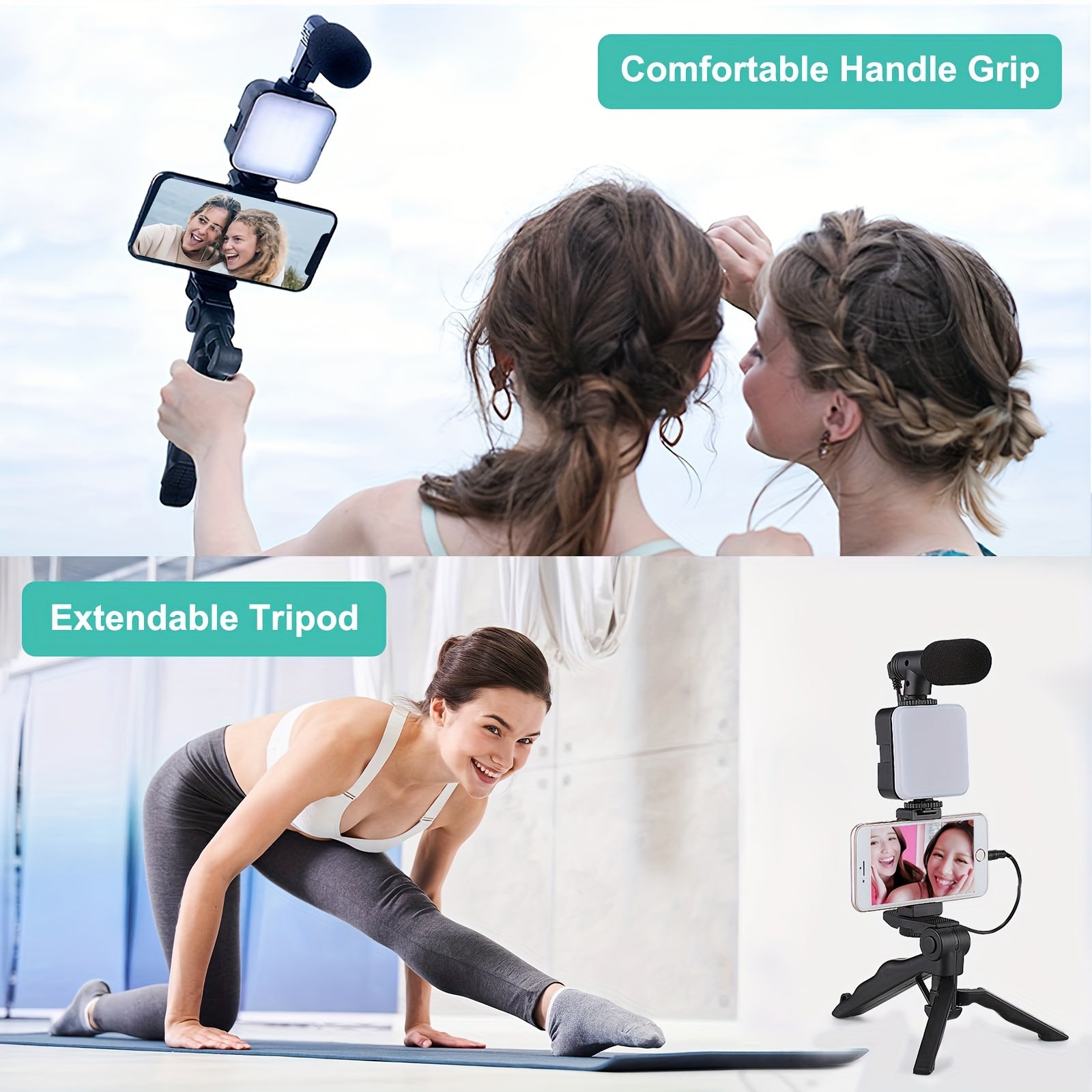 Portable Live Streaming Kit with LED Light Tripod Microphone Battery-Powered