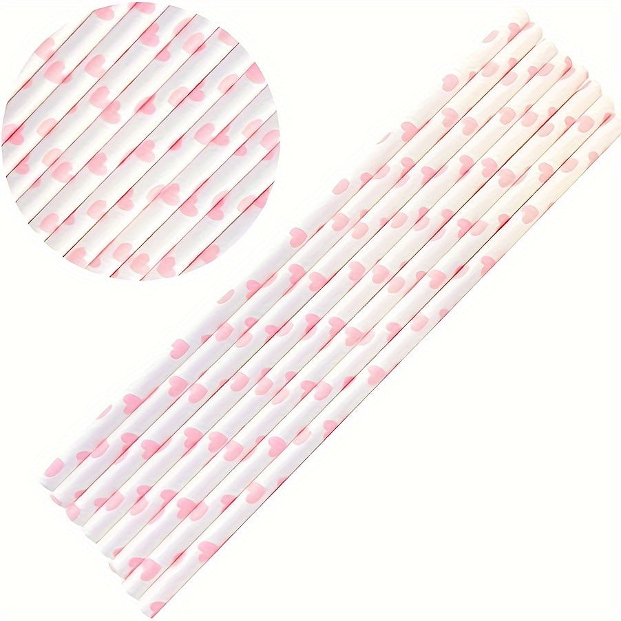 Set of 100 Pink Heart Pattern Paper Straws for Drinks and Celebrations