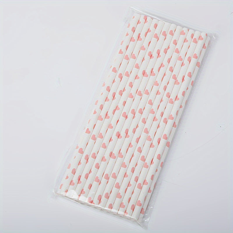 Set of 100 Pink Heart Pattern Paper Straws for Drinks and Celebrations