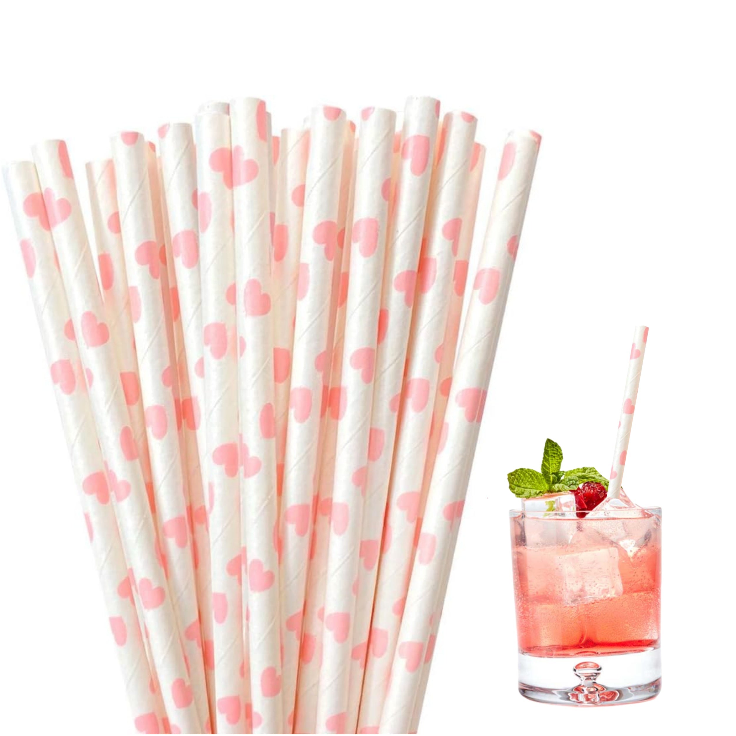Set of 100 Pink Heart Pattern Paper Straws for Drinks and Celebrations