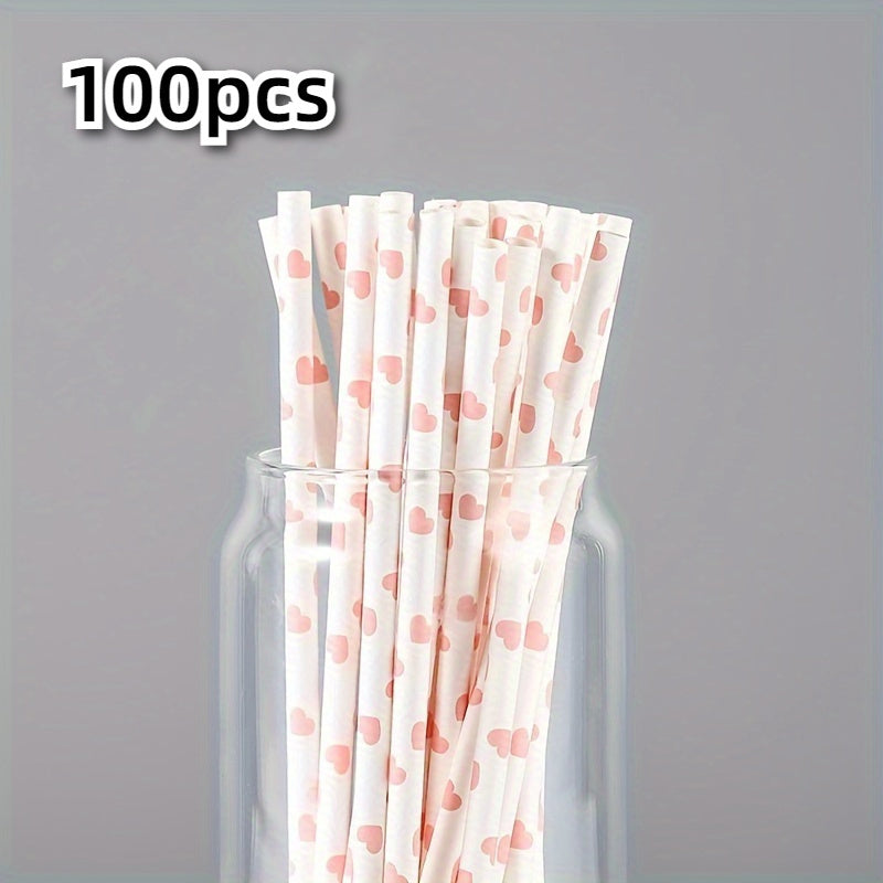 Set of 100 Pink Heart Pattern Paper Straws for Drinks and Celebrations