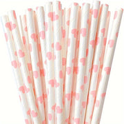 Set of 100 Pink Heart Pattern Paper Straws for Drinks and Celebrations