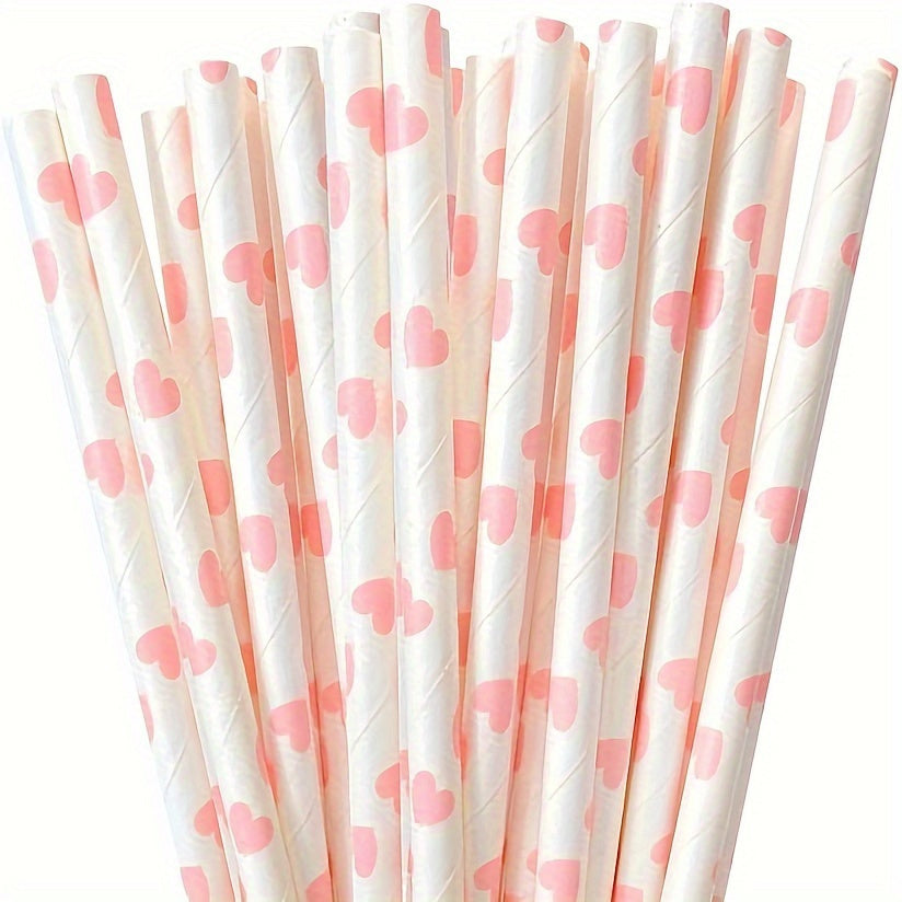 Set of 100 Pink Heart Pattern Paper Straws for Drinks and Celebrations