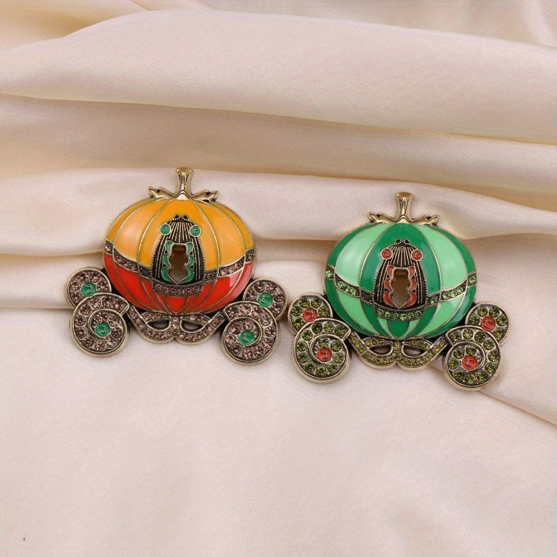 Unisex Vintage Enamel Pumpkin Carriage Brooch Rhinestone Festival Pin Jewelry