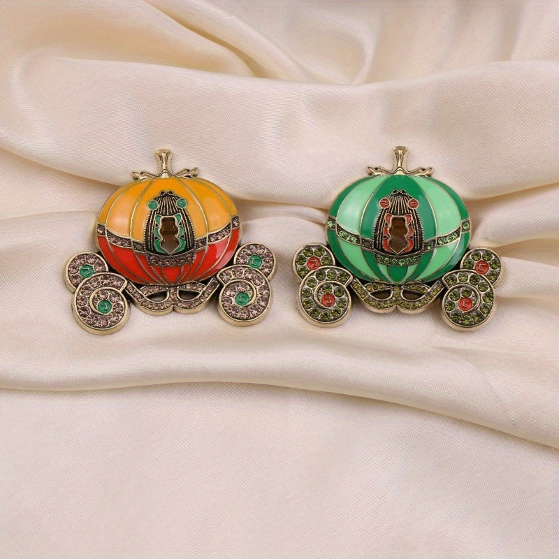 Unisex Vintage Enamel Pumpkin Carriage Brooch Rhinestone Festival Pin Jewelry