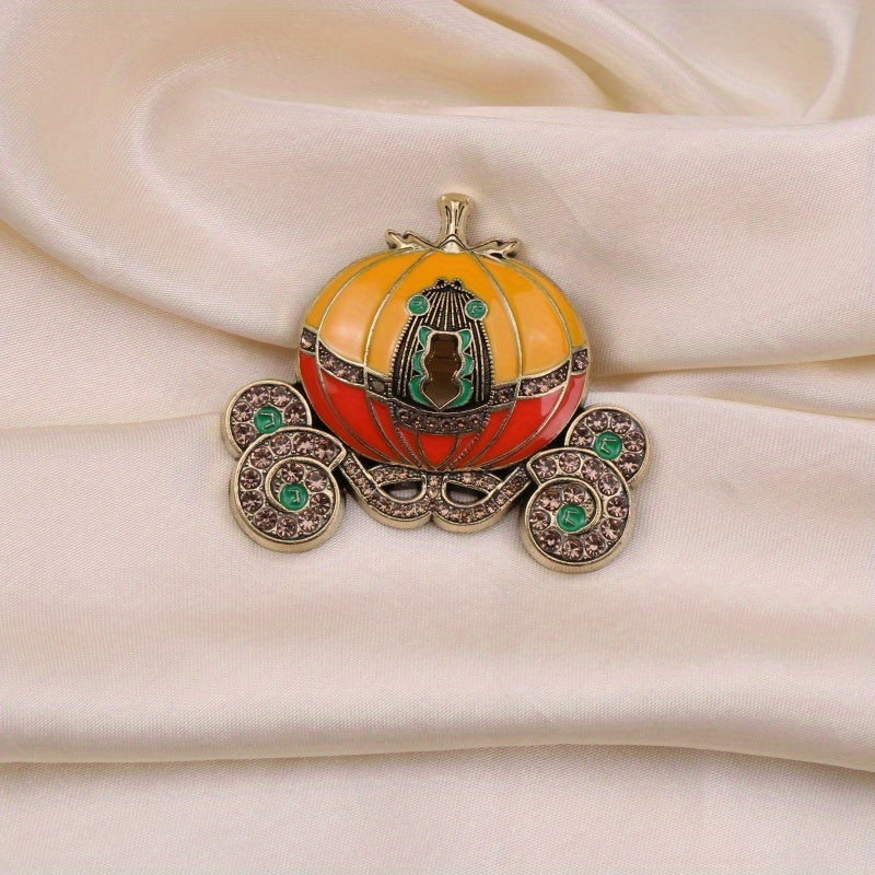 Unisex Vintage Enamel Pumpkin Carriage Brooch Rhinestone Festival Pin Jewelry