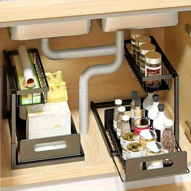 Organizador de dos niveles de metal bajo el fregadero con estante de almacenamiento deslizante para cocina, baño y armario