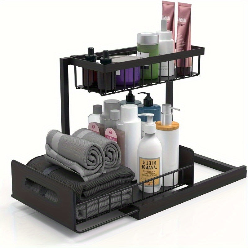 Organizador de dos niveles de metal bajo el fregadero con estante de almacenamiento deslizante para cocina, baño y armario