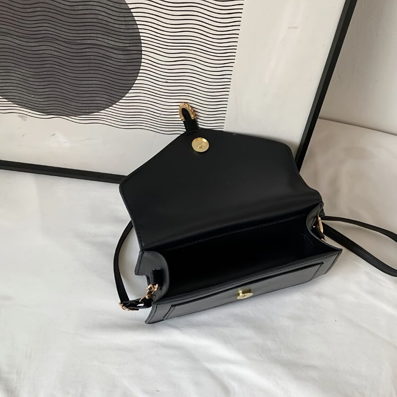 Black Crossbody Bag with Painted Edges, Buckle Closure, Polyester Lining