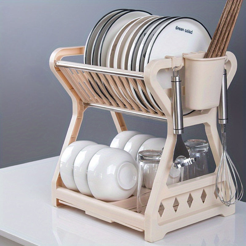 Estante de cocina de plástico de 2 niveles con bandeja de goteo blanco