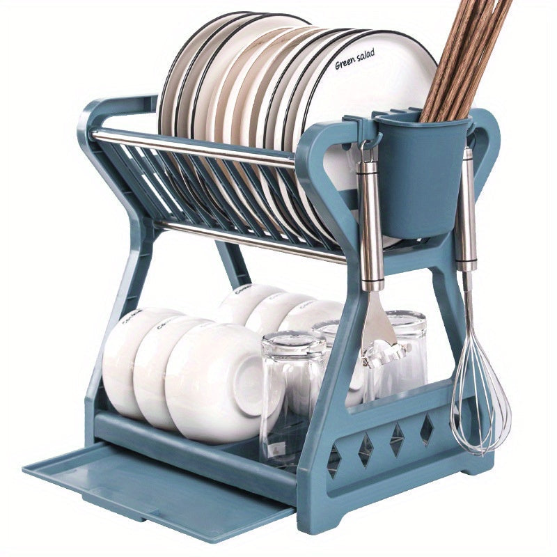 Estante de cocina de plástico de 2 niveles con bandeja de goteo blanco