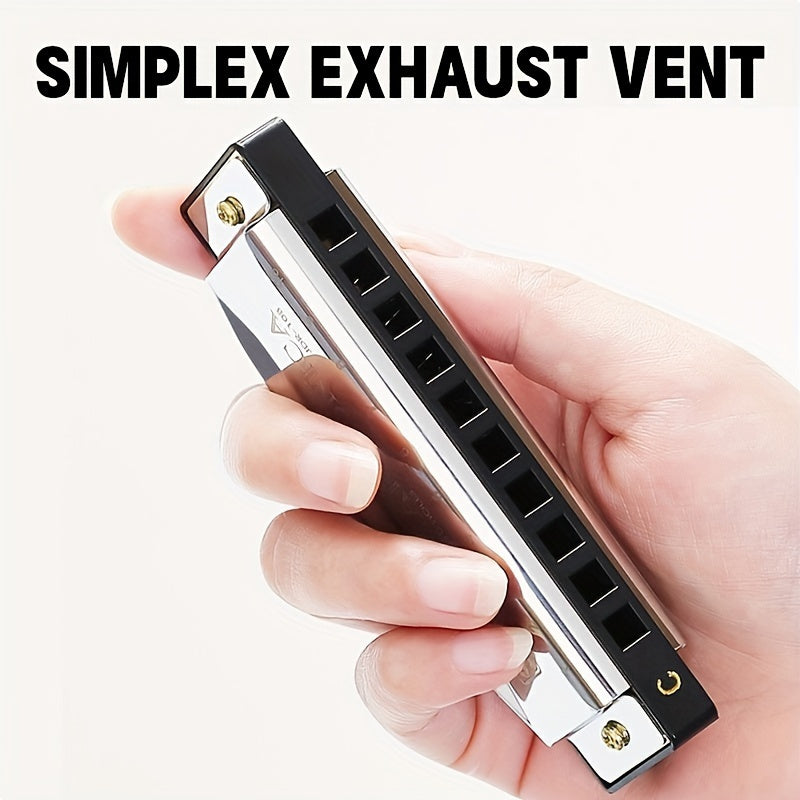 10-Hole Harmonica Polished Finish Durable Hard Shell for Beginners and Professionals