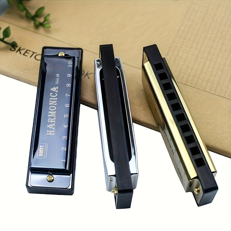 10-Hole Harmonica Metal Polished Finish Durable Shell for Beginners and Professionals