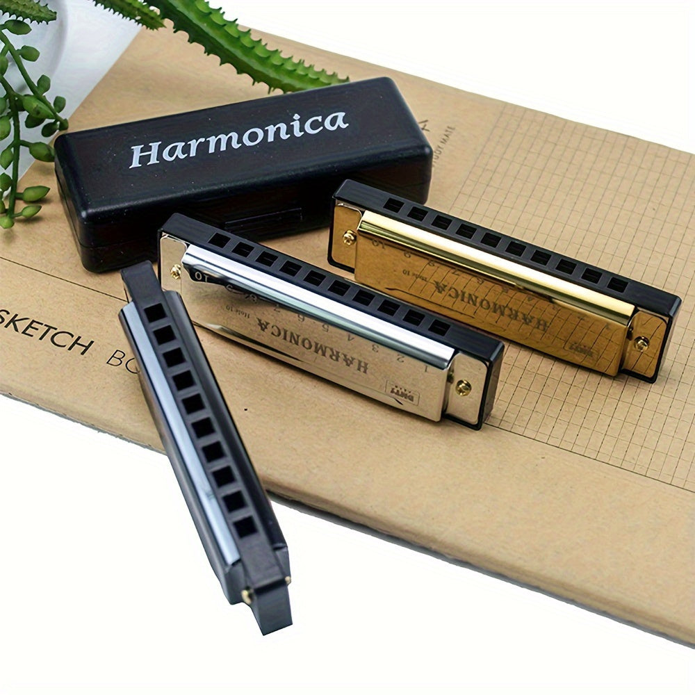 10-Hole Harmonica Metal Polished Finish Durable Shell for Beginners and Professionals