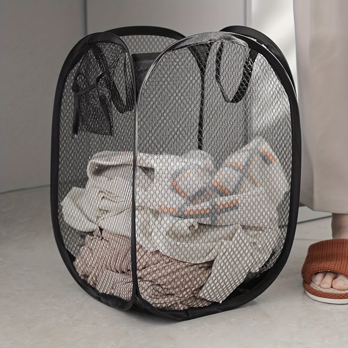 Foldable Mesh Laundry Basket with Handles, Breathable Clothes Hamper for Home and Travel