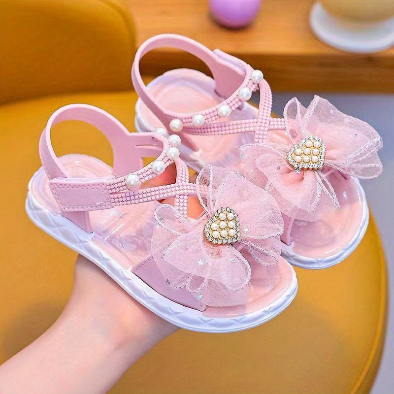 Girls' Open-Toe Sandals with Rhinestone and Pearl Bowknot Breathable Non-Slip Summer Shoes