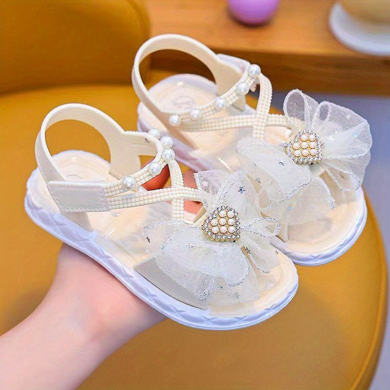 Girls' Open-Toe Sandals with Rhinestone and Pearl Bowknot Breathable Non-Slip Summer Shoes