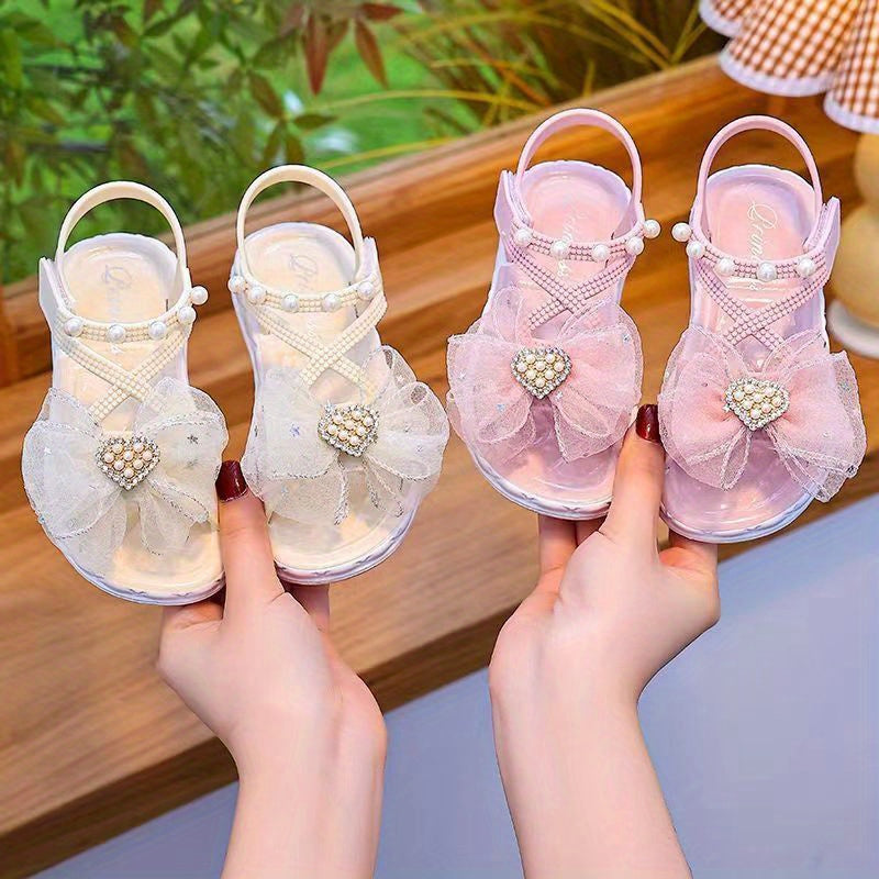 Girls' Open-Toe Sandals with Rhinestone and Pearl Bowknot Breathable Non-Slip Summer Shoes