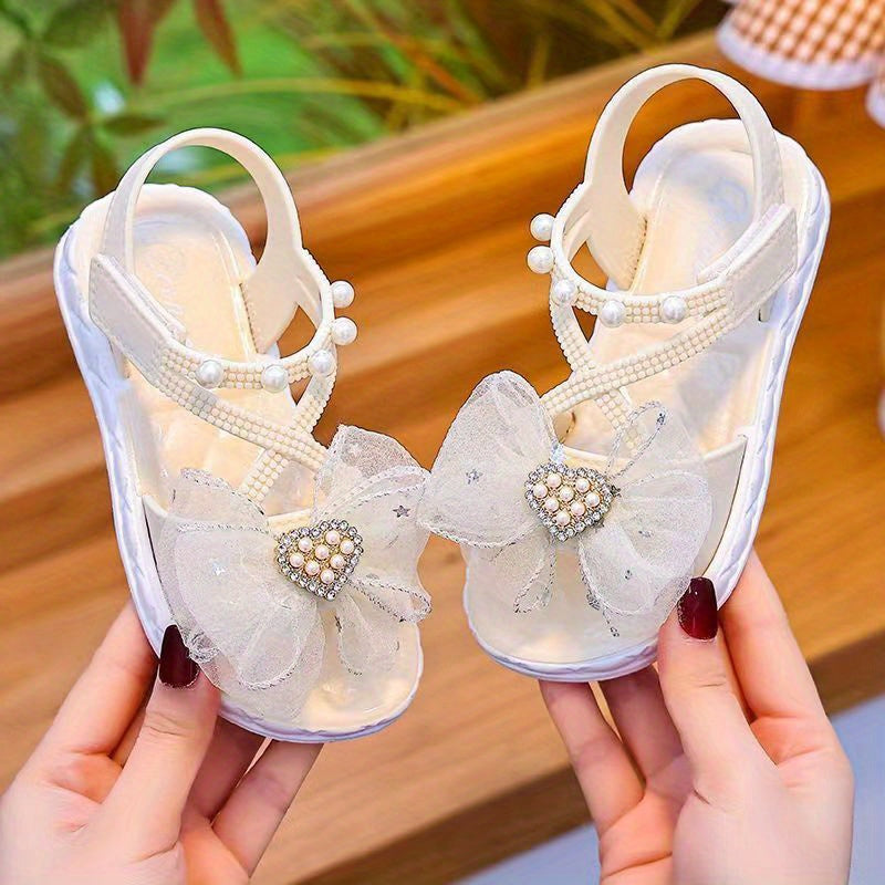 Girls' Open-Toe Sandals with Rhinestone and Pearl Bowknot Breathable Non-Slip Summer Shoes