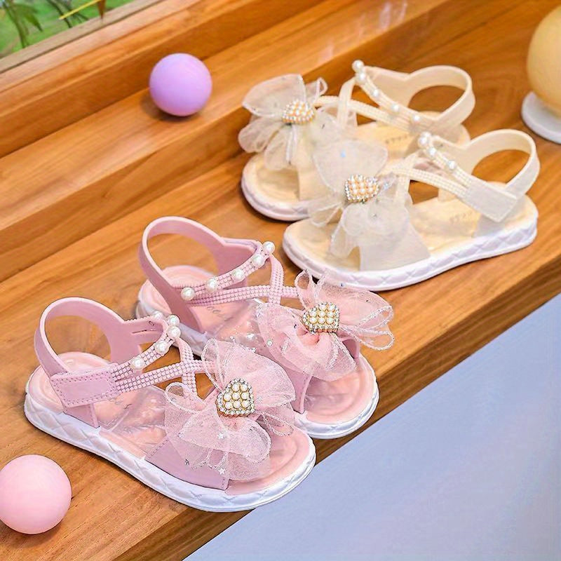 Girls' Open-Toe Sandals with Rhinestone and Pearl Bowknot Breathable Non-Slip Summer Shoes