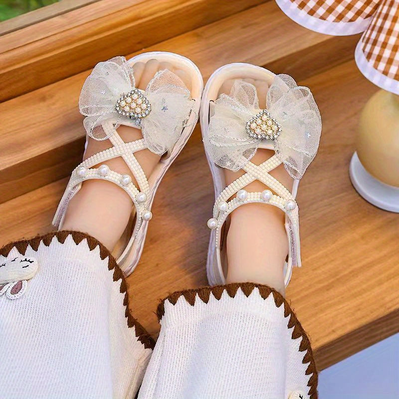 Girls' Open-Toe Sandals with Rhinestone and Pearl Bowknot Breathable Non-Slip Summer Shoes