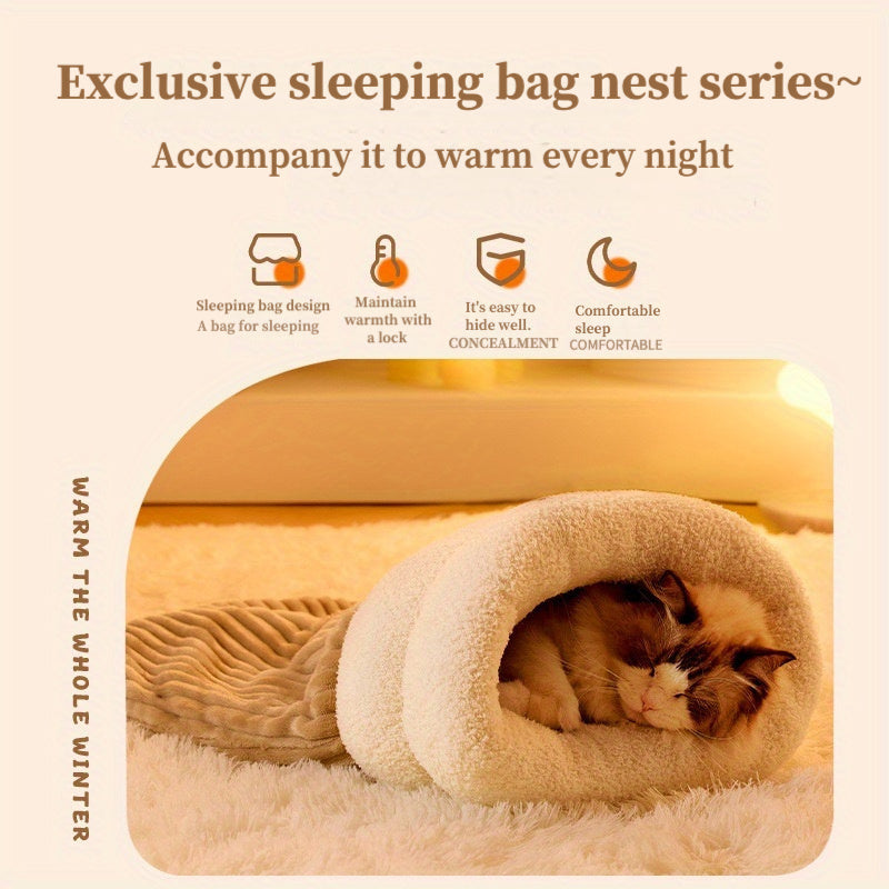 360° Wrap Plush Cat Sleeping Bag Beige Light Brown Winter Cozy Snuggle Bed