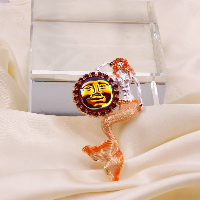 Vintage Style Enamel Mermaid Sun Brooch for Women Fashion Jewelry Accessories