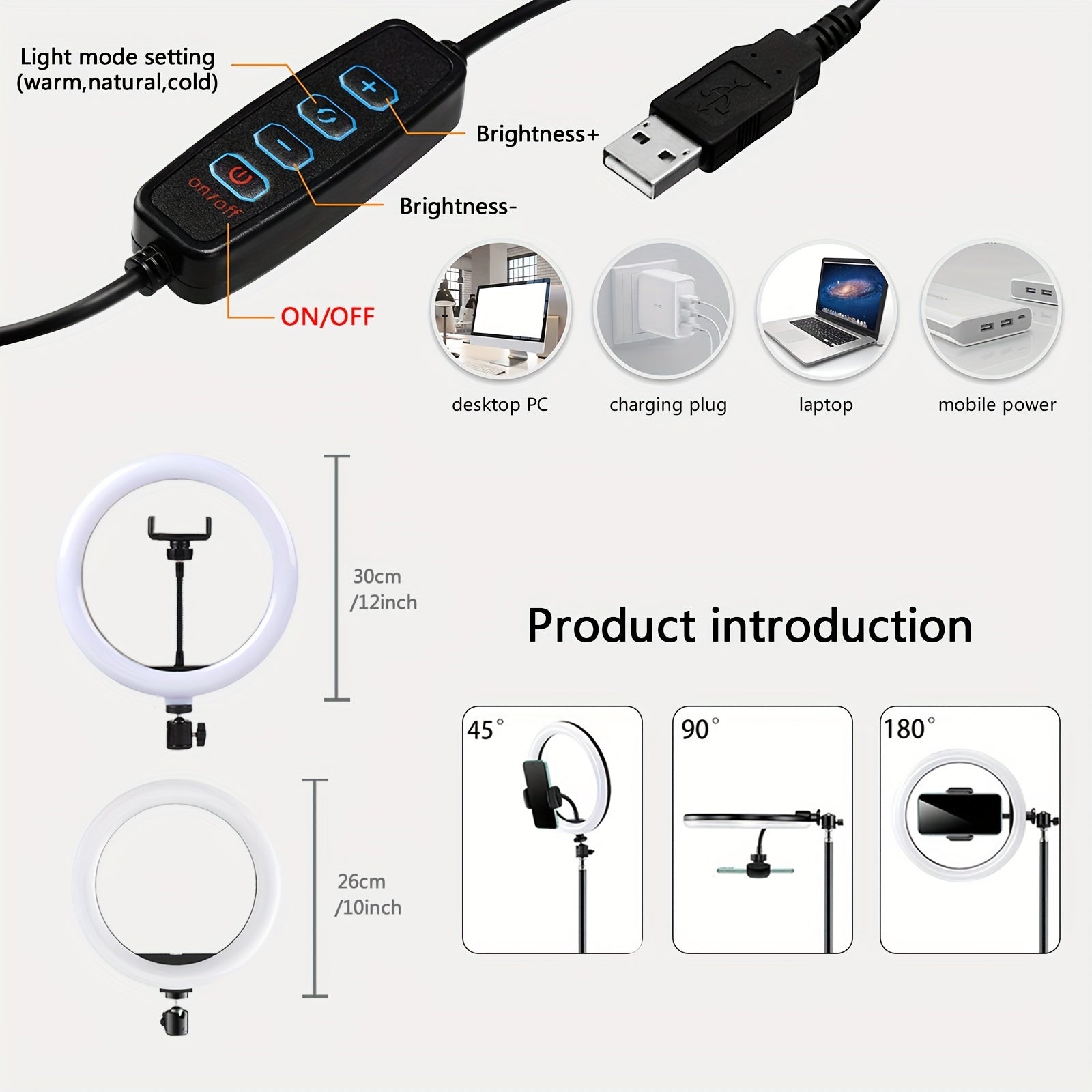 Dimmable LED Selfie Ring Light with Foldable Arm Phone Stand and Adjustable Tripod