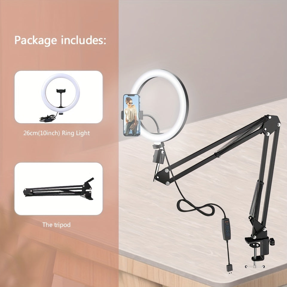 Dimmable LED Selfie Ring Light with Foldable Arm Phone Stand and Adjustable Tripod