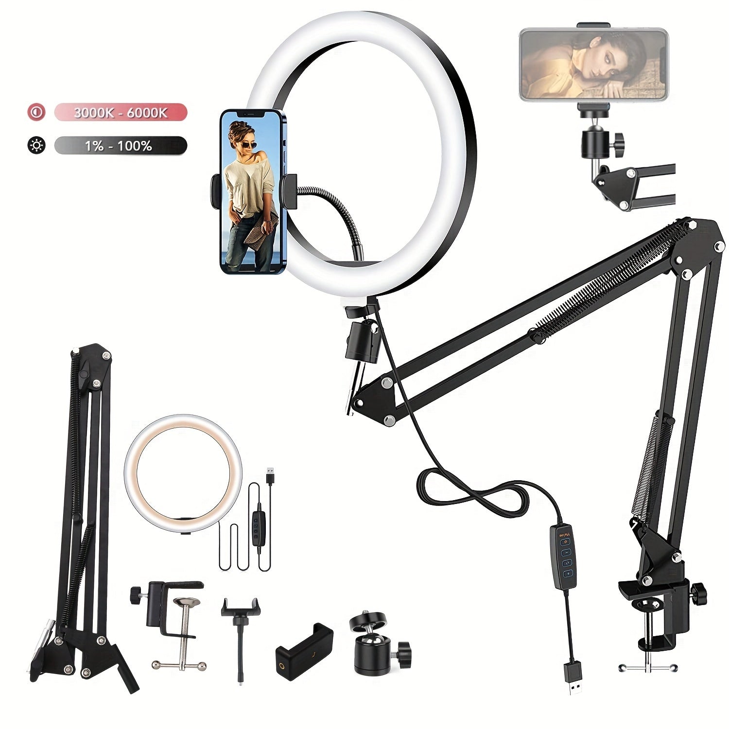 Dimmable LED Selfie Ring Light with Foldable Arm Phone Stand and Adjustable Tripod